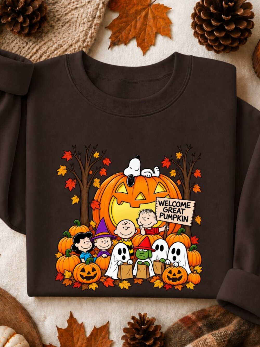 Peanuts Halloween Sweatshirt Graphic Crewneck Fall Autumn Leaves Great Pumpkin